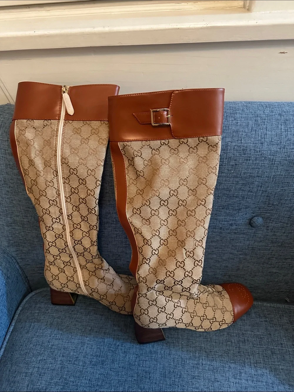 Gucci Beige GG Canvas Knee-High Boots with Brown Trim